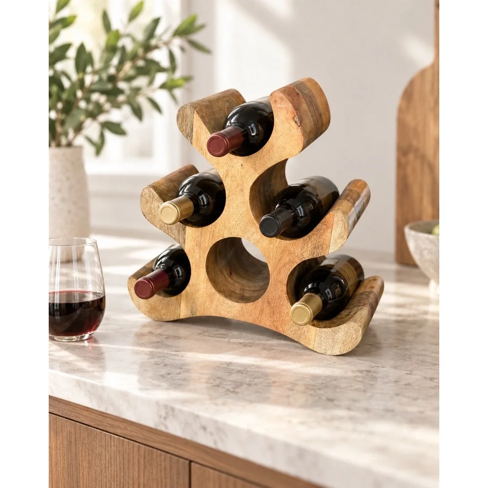 Solid Wood 6 Bottle Wine Rack Sculptural Freeform Countertop Holder Rustic
